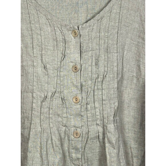 Flax (S) Linen Top Oversized Natural Pleated Tunic Dress Button Shirt W/Pockets - Picture 4 of 12